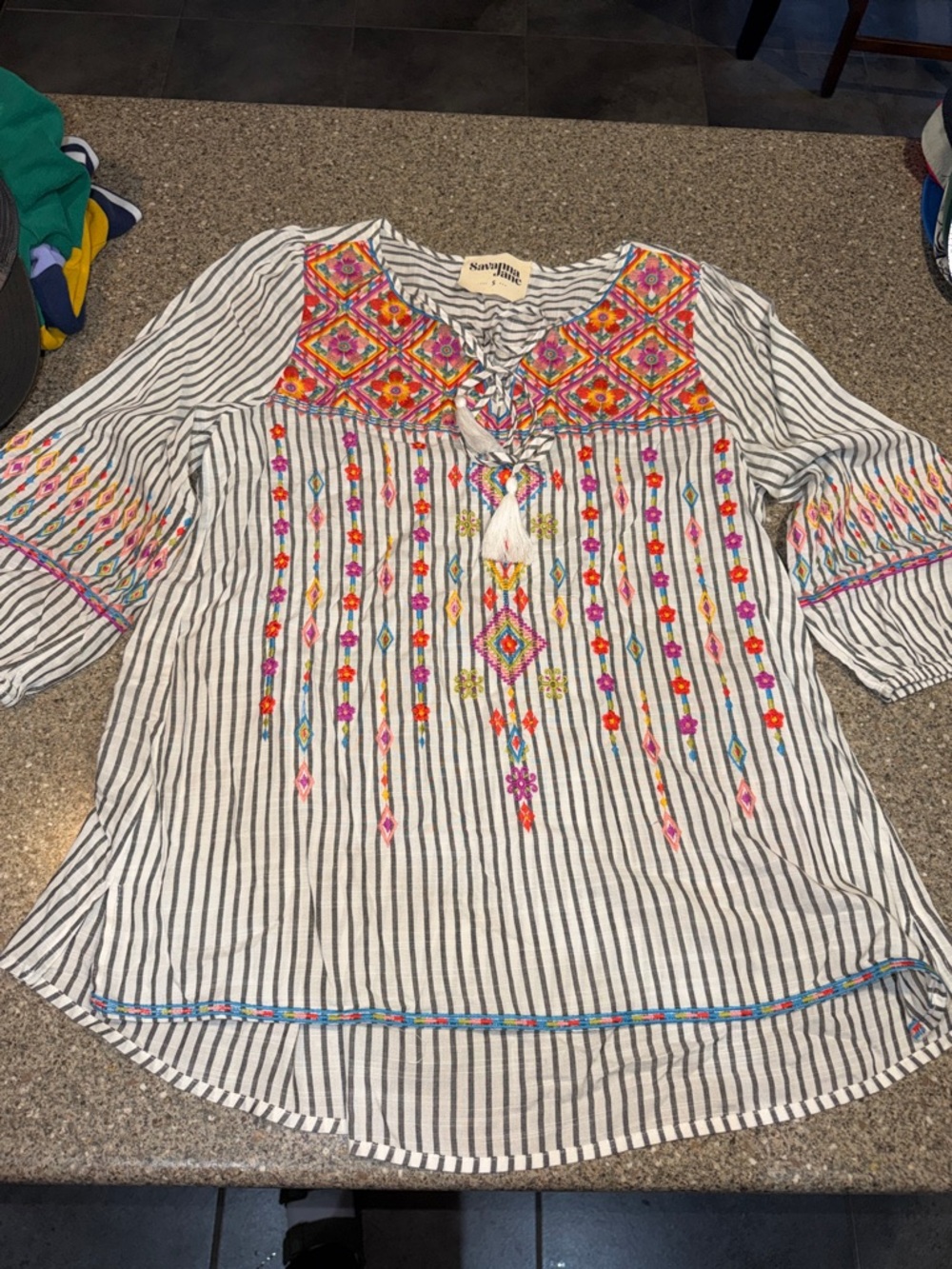 Savanna Jane Striped Tunic with Bright Embroidered Yoke